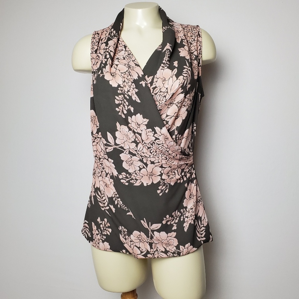 CABI PINK FLORAL CROSS-FRONT TOP SIZE SMALL